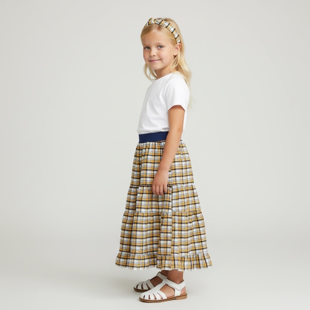 Skirt Girls 6/7 Maxi Yellow Plaid Ruffle Tiered Cotton Preppy Mom and Pop's Kids